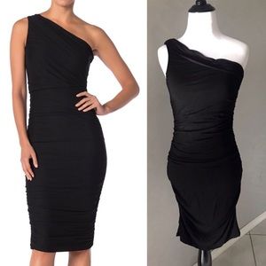 Black ruched side one shoulder midi dress